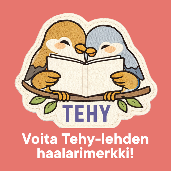 Tehy-lehden haalarimerkki, jossa kaksi lintua lukee oksalla lehteä yhdessä, alla lehden logo.