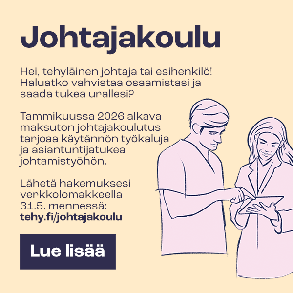 Tammikuussa 2026 alkavan Tehyn johtajakoulun mainos.