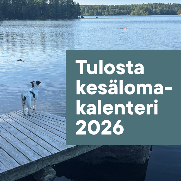 Tehy-lehden kesälomakalenteri 2026. Koira katselee laiturilta järvelle.