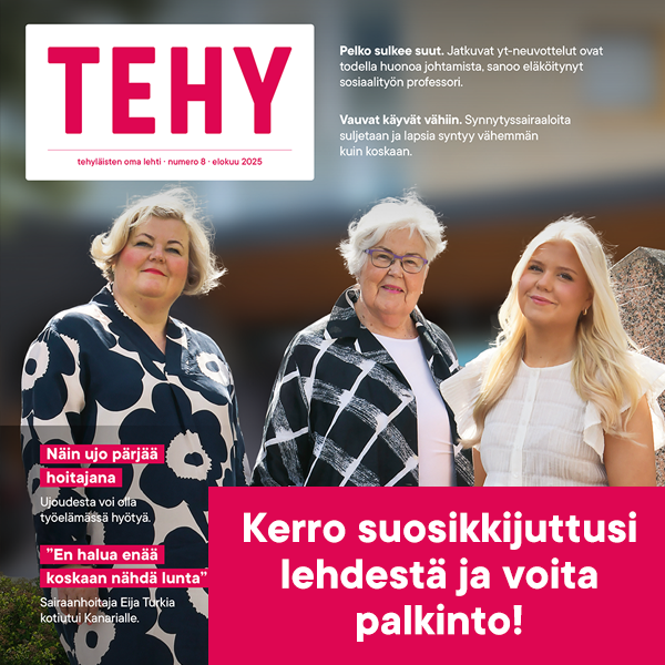 Tehy-lehden 8/2025 kansi, jonka päällä kehoitus äänestää suosikkijuttuaan.