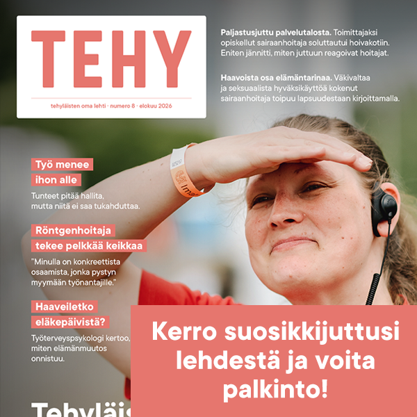 Tehy-lehden elokuun numeron lukijakilpailu. Kuvassa tuoreen lehden kansi.