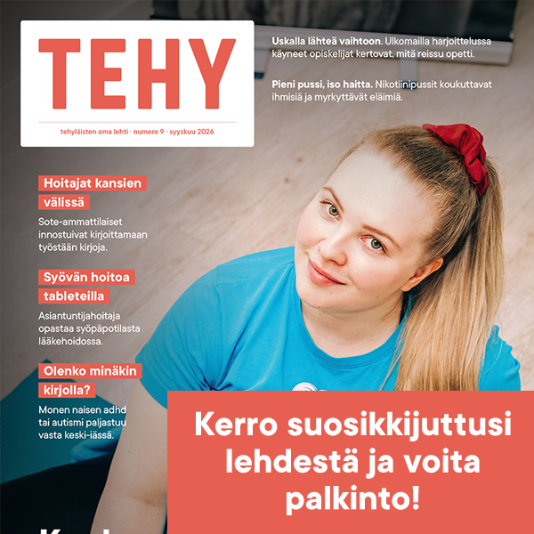 Tehy-lehden 9/2026 kansi ja kehotus äänestää suosikkijuttua.