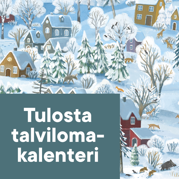 Talvinen piirrosmaisema lumisesta rinteestä pikkutaloineen ja metsäneläimineen.