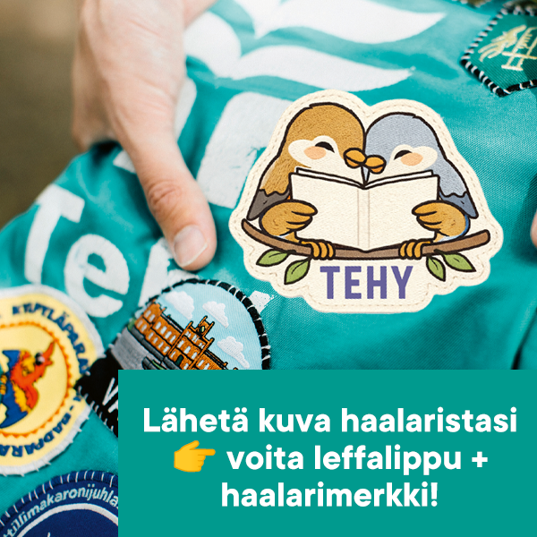 Tehy-lehden haalarimerkki, jossa kaksi lintua lukee oksalla lehteä yhdessä, alla lehden logo.