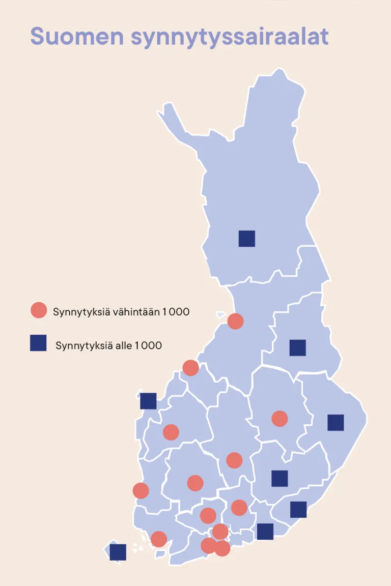 Graafinen karttakuva Suomesta, johon merkitty synnytyssairaalat.