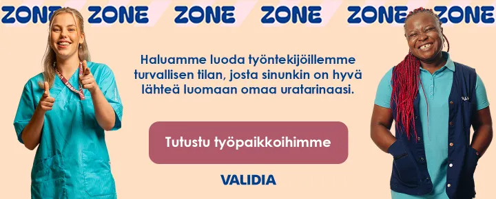 Validian mainos, jossa kaksi hymyilevää hoitajaa.