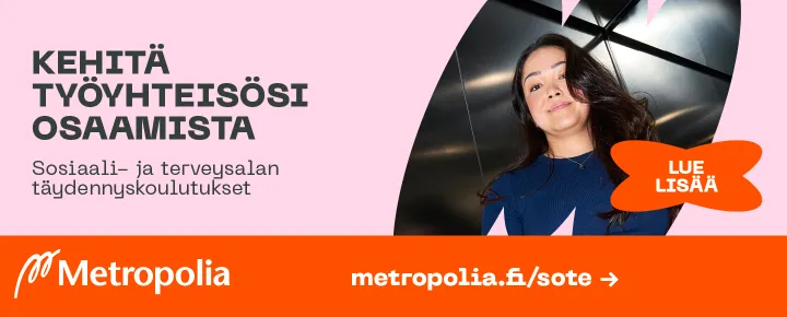 Metropolian mainos sosiaali- ja terveysalan täydennyskoulutuksista.