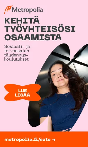 Metropolian mainos sosiaali- ja terveysalan täydennyskoulutuksista.