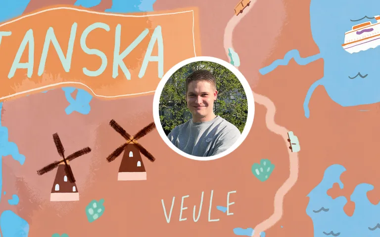 Piirretty karttakuva Arttu Mikkolan harjoittelupaikasta Tanskassa.