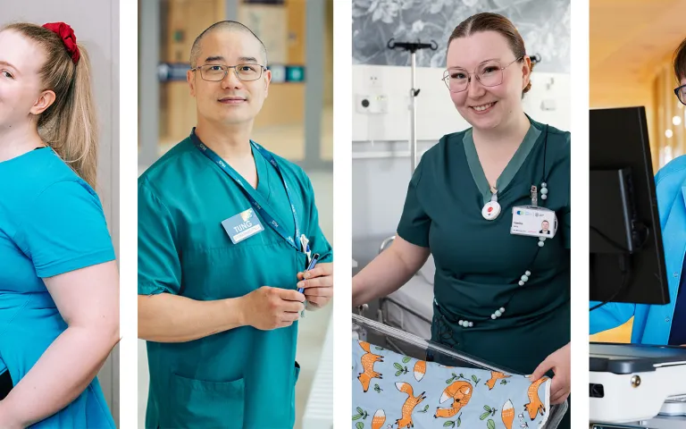 Neljä henkilökuvaa vierekkäin. Vasemmalta, fysioterapeutti Kaisa Jakonen, sairaanhoitaja Tung Bui, kätilö Camilla Tammi ja lähihoitaja Maria Liecks.