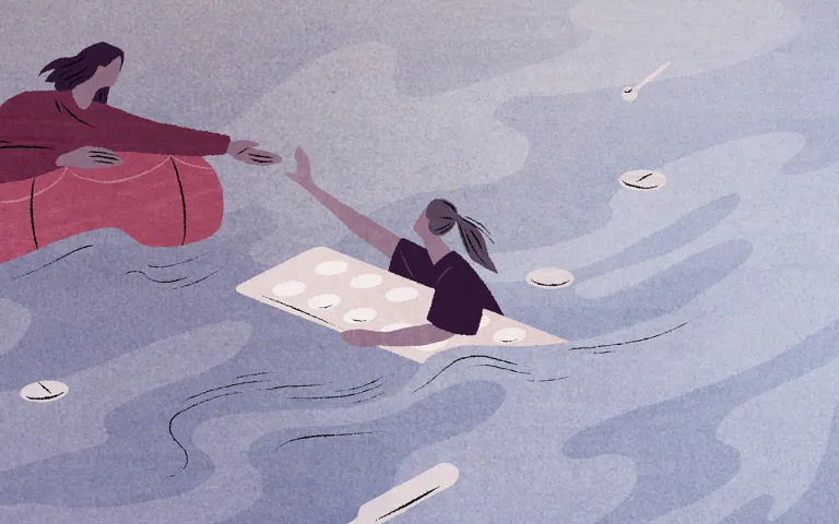 Piirroskuva, jossa henkilö punaisessa vaatteessa ojentaa kättään vedessä kelluvalle ihmiselle. Vesi on sinertävää ja aaltoilevaa, ja pinnalla kelluu pillereitä.