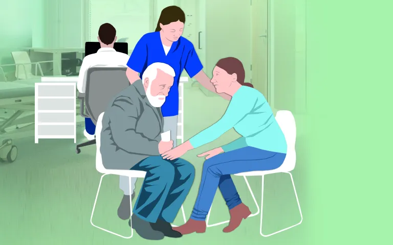 Piirroskuva hoitajasta keskustelemassa vanhuksen ja vanhuksen omaisen kanssa.