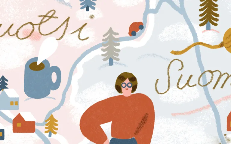 Minna Rantapään kuvitettu kotimaisema.