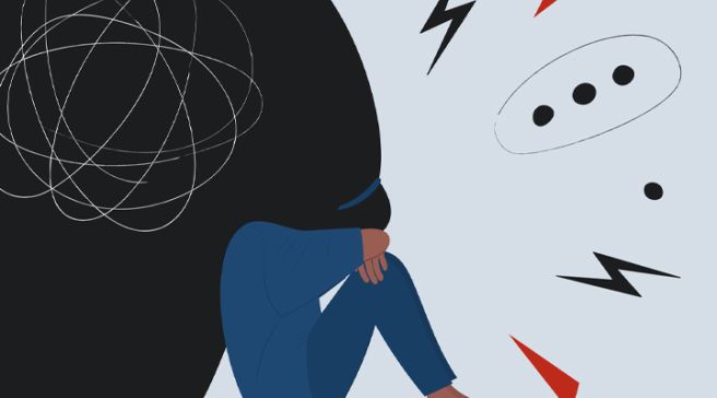 Ahdistunut piirroshahmo istuu sykkyrällä haudaten kasvonsa käsiinsä ja polviinsa.