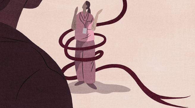 Piirroskuvitus, jossa hoitajahahmon ympärille on kietoutunut käärmemäinen kieli.