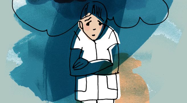 Piirroskuvitus hoitajasta, joka tuntee jääneensä yksin.