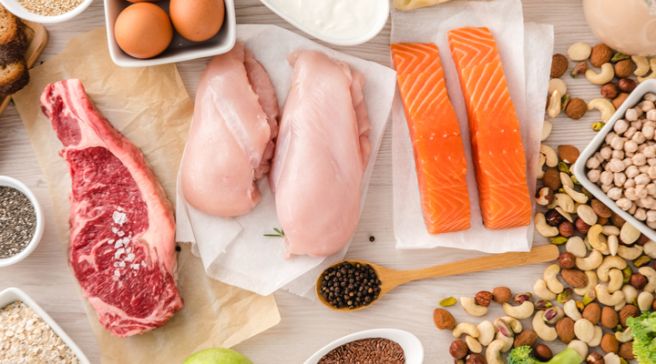 Ruoka-aineita aseteltuna työtasolle: kanaa, kalaa, lihaa, munia, pähkinöitä ja viljoja.