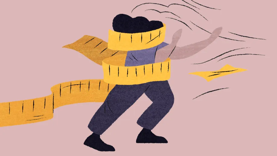 Kuvituskuva, jossa hoitaja on sotkeentunut mittanauhaan.