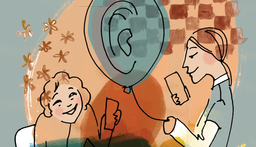 Kuvituskuva, jossa hoitaja kuuntelee potilasta. Pitelee käsissään ilmapalloa, jossa korvan kuva.